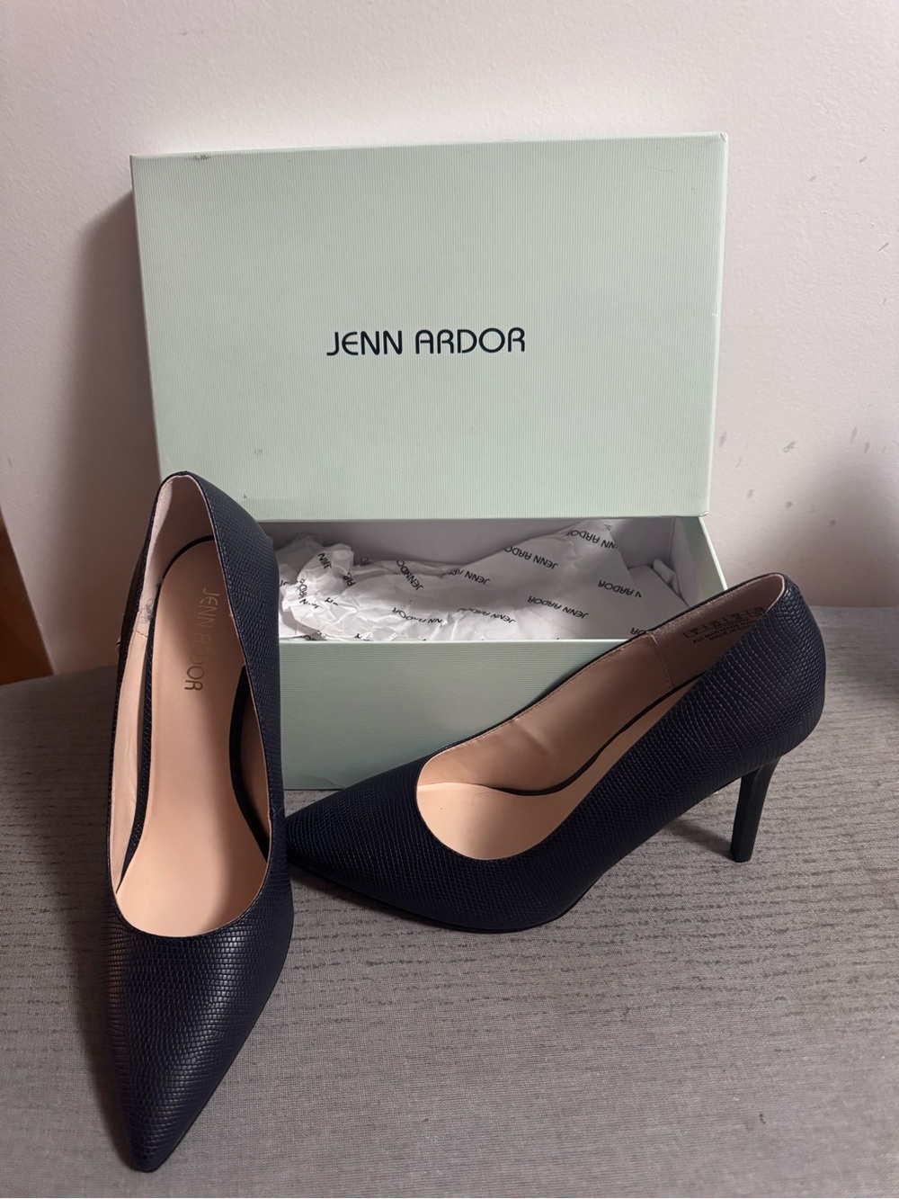 Jenn Ardor Navy Textured Pointed-Toe Pumps 4”